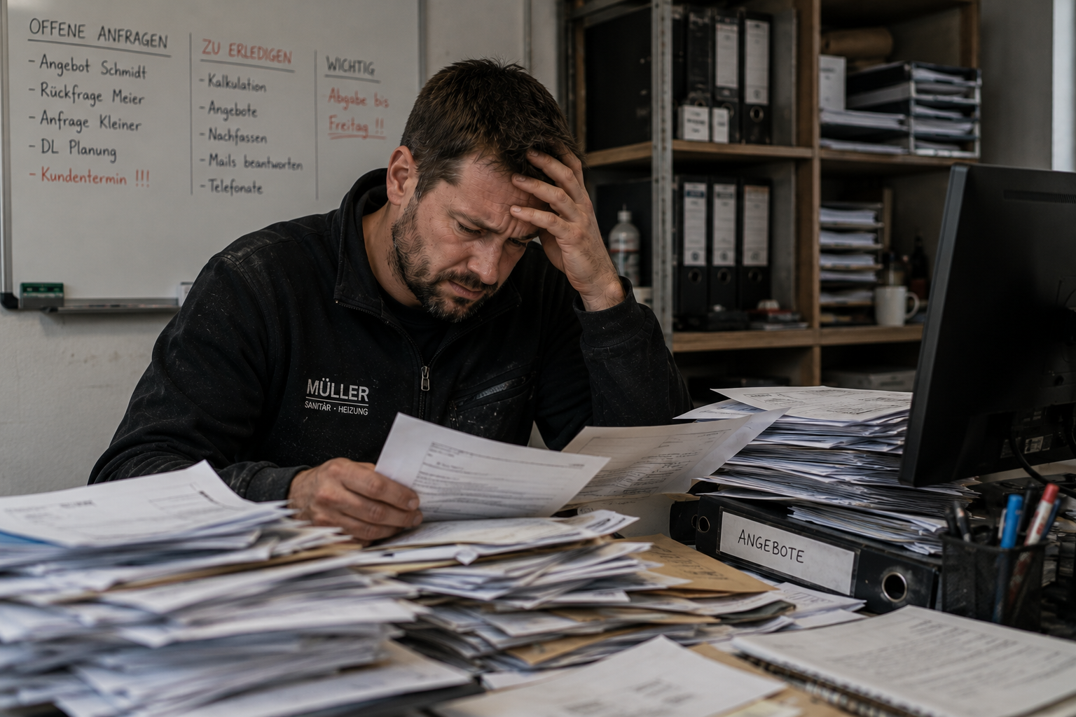Betriebsinhaber sichtet einen Stapel Papieranfragen; die Tafel hinter ihm listet offene Anfragen und Aufgaben
