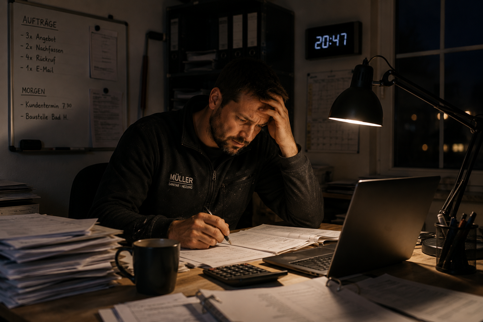 Betriebsinhaber sitzt abends um 20:47 allein bei Schreibtischlampe über Unterlagen