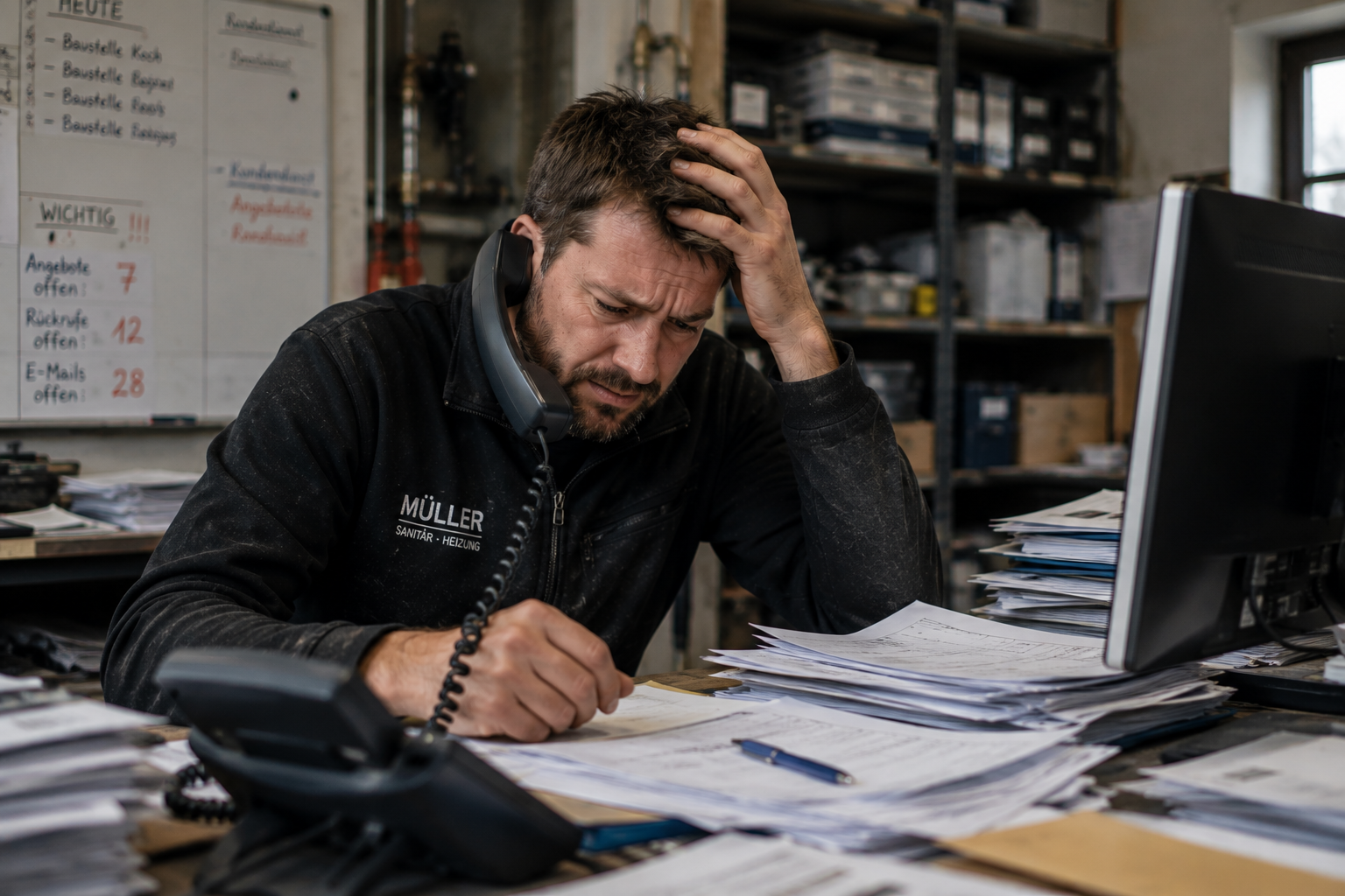 Betriebsinhaber telefoniert am Schreibtisch und stützt den Kopf ab; auf der Tafel hinter ihm stehen offene Angebote, Rückrufe und E-Mails