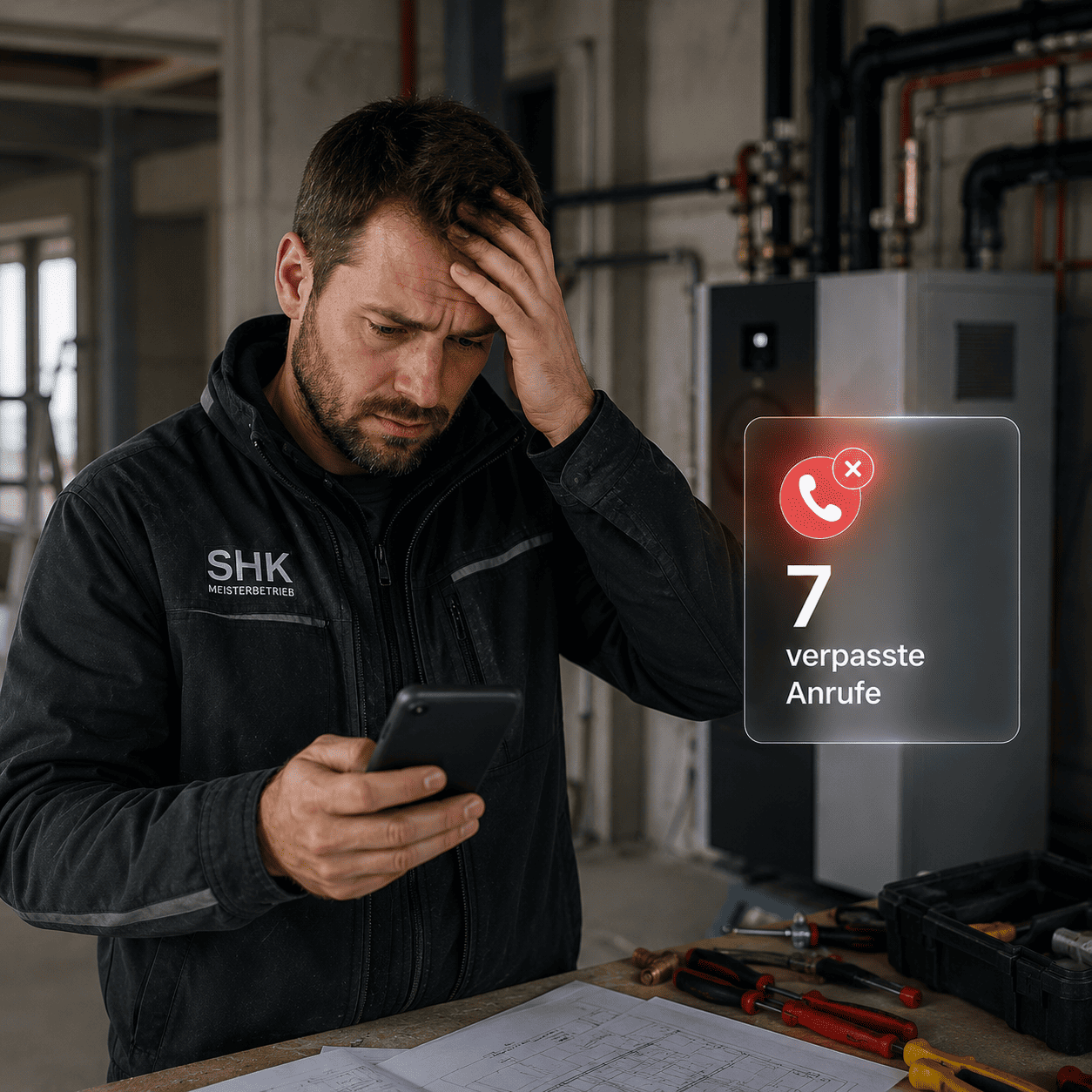 SHK-Handwerker auf der Baustelle blickt gestresst aufs Handy — 7 verpasste Anrufe