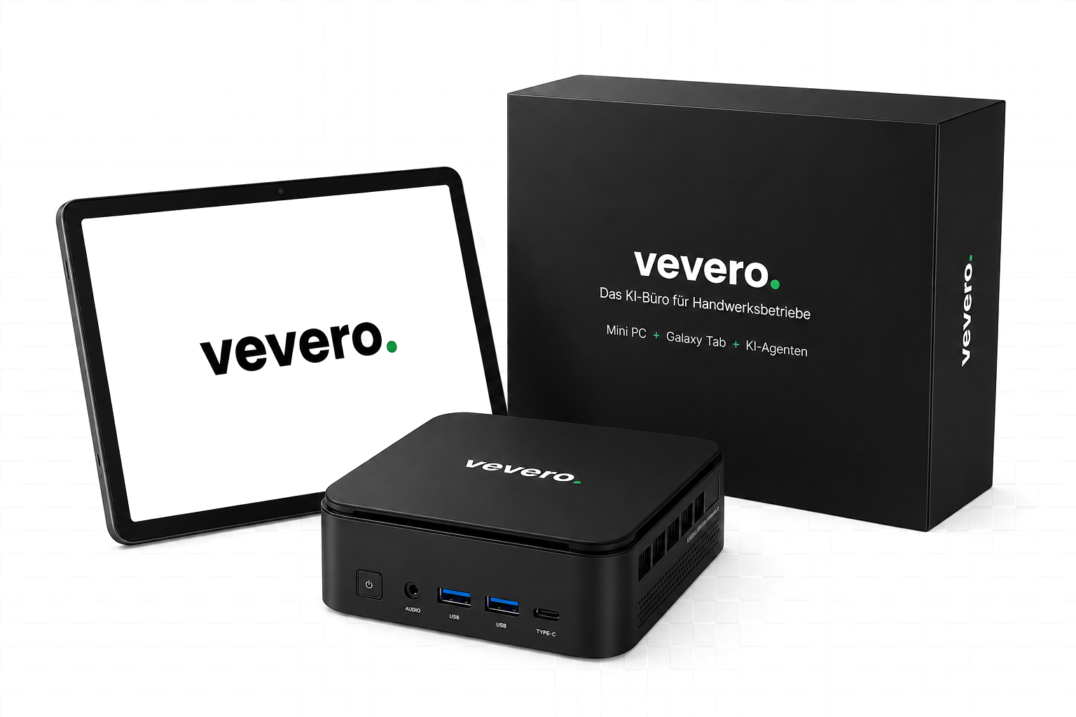 Vevero-Box: Mini-PC, Tablet und Verpackung — das KI-Büro für Handwerksbetriebe