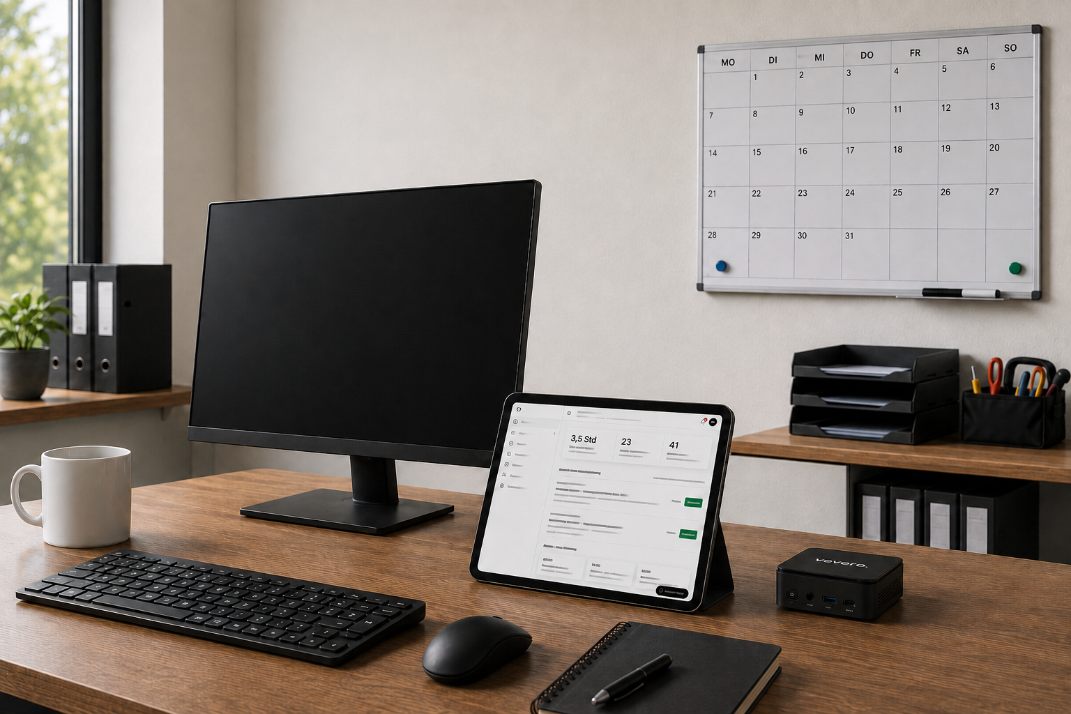 Vevero-Box und Tablet zur Steuerung in einem ruhigen Handwerksbüro
