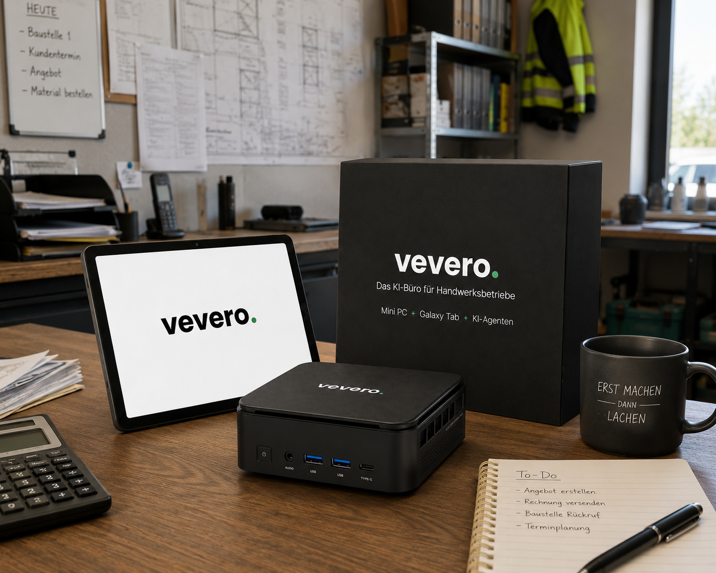 Das Komplettpaket auf einem Schreibtisch im Handwerksbüro: Vevero-Box, Mini-PC und Tablet zur Steuerung