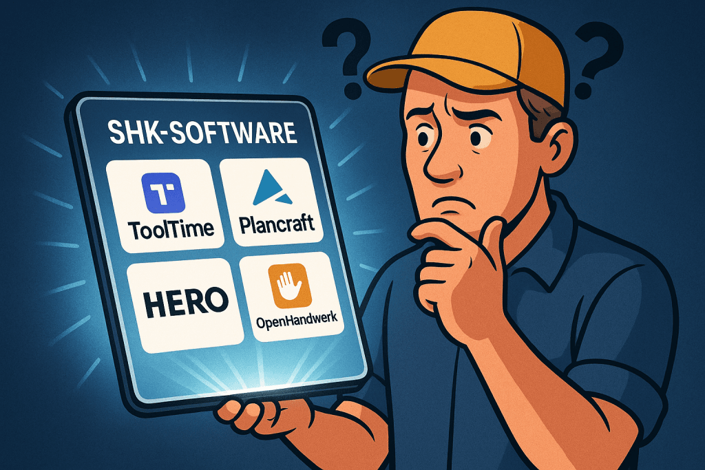 Mann betrachtet Softwareoptionen für Handwerk.